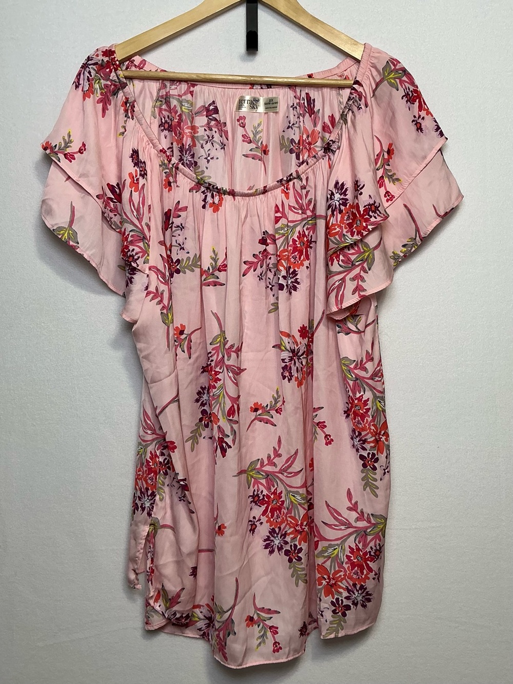 Terra & Sky Pink Floral Ruffle Sleeve Blouse Women’s 2X Plus Size
